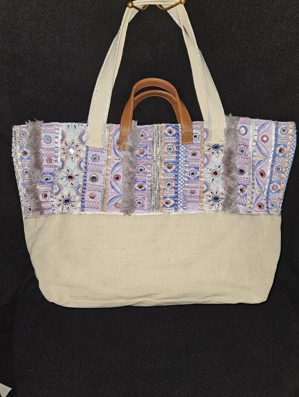 Chico's Mosaic Print Embroidered Canvas Tote/Beach, Travel, Carryall Bag